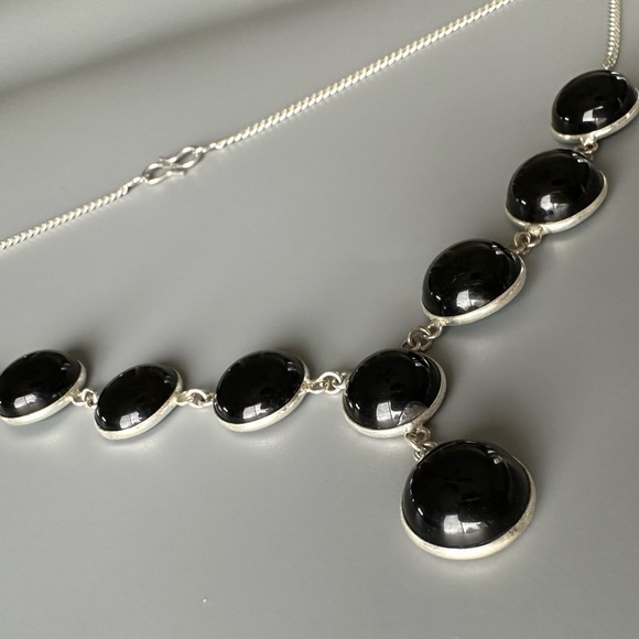 Sterling Silver Plated Onyx Y Necklace – Artisan Made Statement Piece - Picture 1 of 12